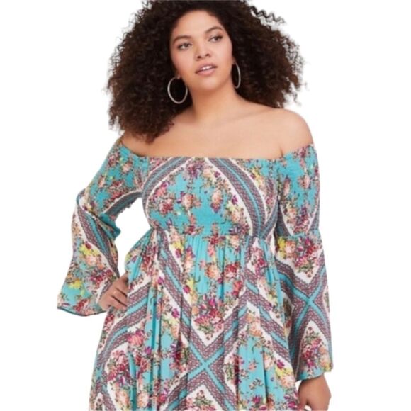 Torrid Off Shouler‎ Women's Turquoise Scarf Print Challis Smocked Maxi Dress 0X - Picture 2 of 12